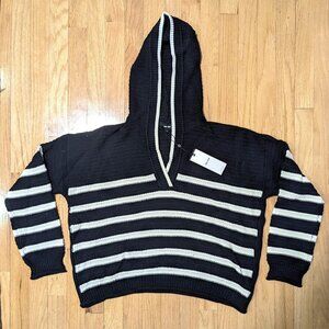 ME+EM Textured Cotton Boxy Breton Hoody in Navy/Soft White Size S (NEW WITH TAGS